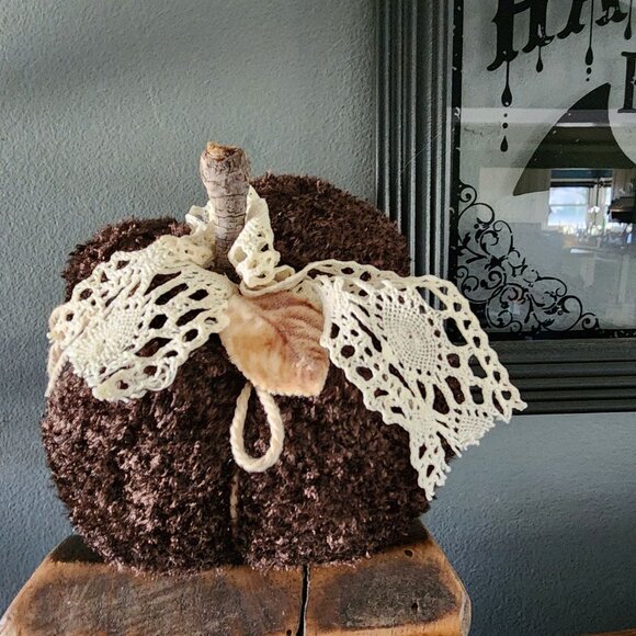 Handmade Other - Knit Sweater Pumpkin Pillow Pouf, Upcycled Brown Chenille with Vintage Lace